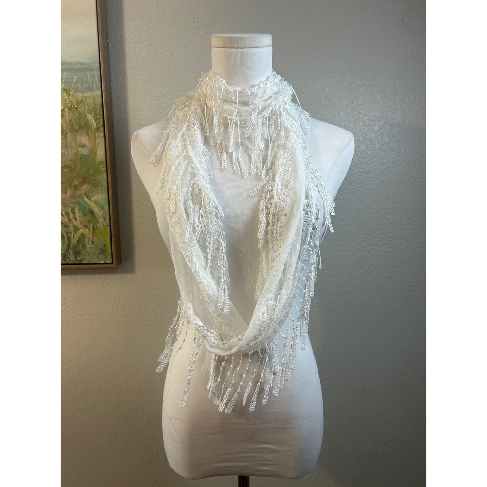 White Lace Fringe Infinity Scarf Fairycore Boho Festival